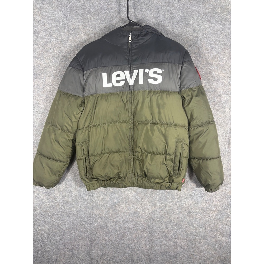 Levi's Puffer Jacket Kids XL Olive Green Gray Black Authentic Patch